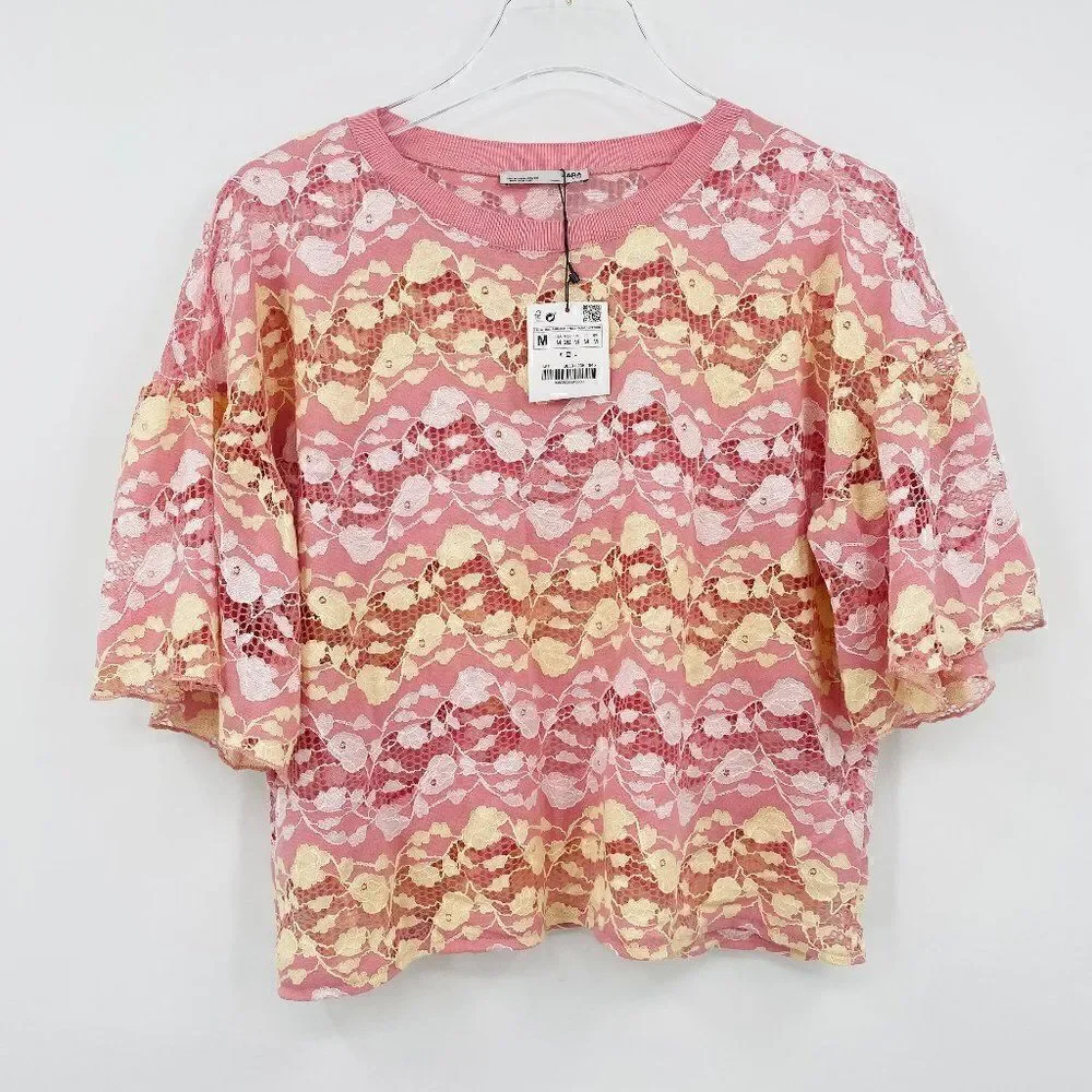 NEW Zara Size Medium Pink Lemonade Floral Lace Boxy Cropped Top